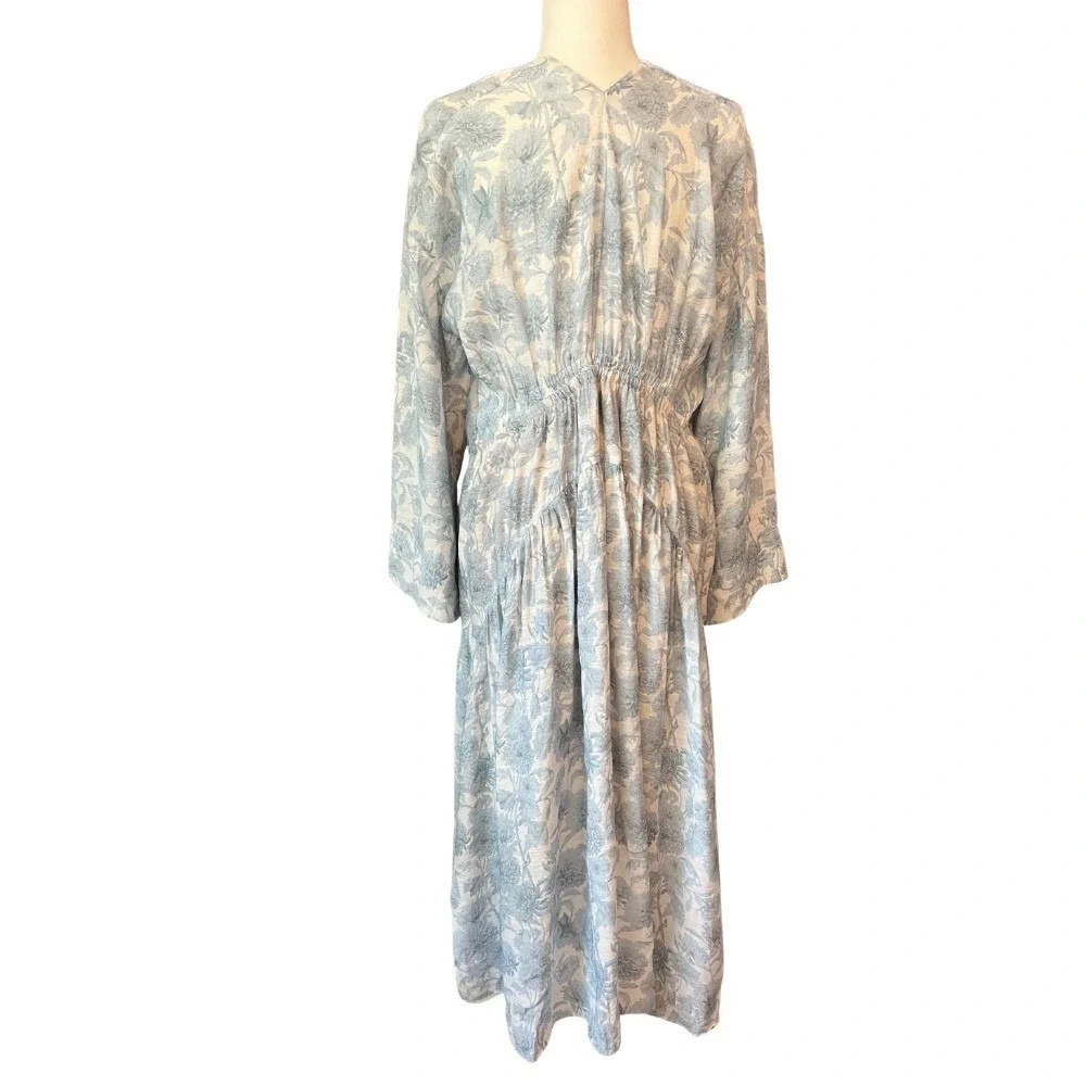 Vince‎ Dahlia Floral-Printed Pleated Midi Dress Blue White Size Large $751 MSRP